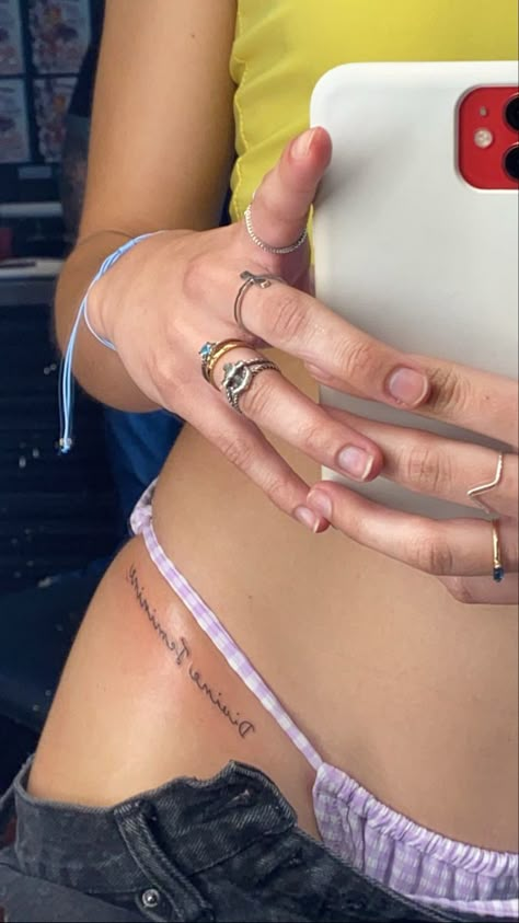 Divine Love Tattoo, First Tattoo Aesthetic, Women Spiritual Tattoos, Small Tattoo On Leg Women, Dainty Thigh Tattoo, Divine Feminine Tattoo Mac Miller, Hands Tattoo For Women, Mac Miller Tattoos Tribute, Mini Hand Tattoos