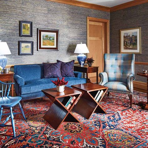 7 Swoon-Worthy Spaces That Showcase Saturated Schemes - Cottage Journal Gray Blue Red Living Room, Blue And Red Living Room, Elegant Family Room, Cottage Journal, Parlor Room, Counter Seating, Living Room Red, Traditional Interior Design, Blue Sofa