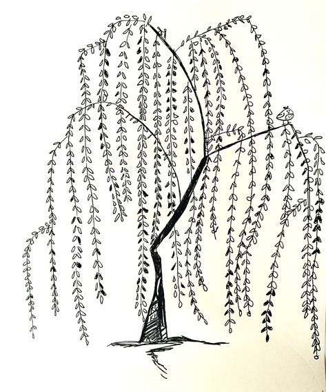 Simple Willow Tree Drawing, Willow Tree Design, Willow Tree Doodle, Willow Tree Tattoo Small Simple, Willow Tree Sketch, Weeping Willows Drawing, Weeping Willow Tree Drawing, Weeping Willow Tattoo Simple, Fine Line Willow Tree Tattoo