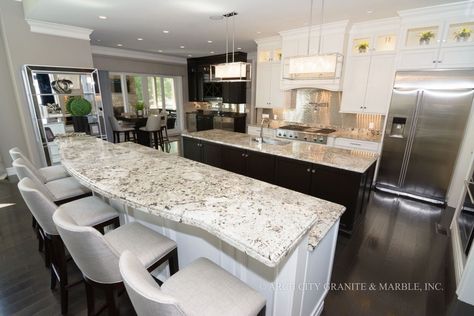 How to Match Granite and Cabinets Modern Kitchen Granite, Popular Granite Colors, Alaska White Granite, White Springs Granite, White Granite Countertops Kitchen, White Granite Slabs, White Granite Colors, White Tile Kitchen Backsplash, White Granite Kitchen