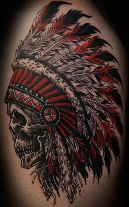 Skeleton Indian Tattoo, American Traditional Army Tattoos, Indian Skull Tattoos Warriors, Indian Skull Tattoo Design, Outlaw Tattoos For Men, Skull Tattoo Meaning, Indian Headdress Tattoo, Country Tattoo, Native Indian Tattoos