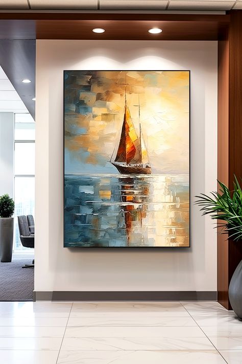 Original handmade oil painting of sailboat at sunset with abstract background, vibrant colors reflect on calm water Boat Painting Abstract, Surreal Scenes, Sailboat Art, Handmade Artwork, Handmade Oil, Modern Painting, Coastal Decor, Original Oil Painting, Original Oil