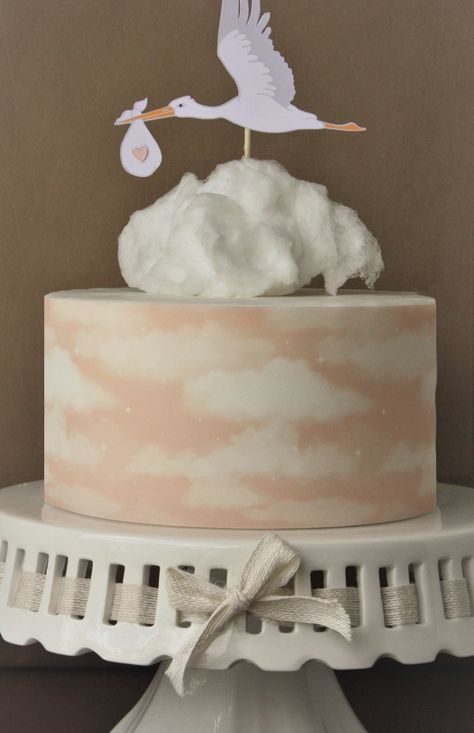 Pink Cloud Cake, Gender Reveal Cloud Cake, Stork Cake Topper, Clouds Theme Cake, Sky Cake Design, Sky Cake Cloud, Cloud Themed Cake, Stork Themed Baby Shower Ideas, Pregnant Cake Ideas