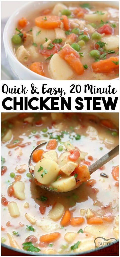 20-Minute Chicken Stew recipe, perfect for busy nights! Hearty stew with tender chicken & vegetables that comes together fast and tastes wonderful. #chicken #stew #recipe #dinner #chickenstew #chickenrecipe #chickendinner #food #comfortfood from BUTTER WITH A SIDE OF BREAD Easy Chicken Stew, Chicken Stew Recipe, Minute Chicken, Stew Chicken, Hearty Stew, Stew Chicken Recipe, Quick Healthy Dinner, Fast Dinner Recipes, Fast Easy Meals