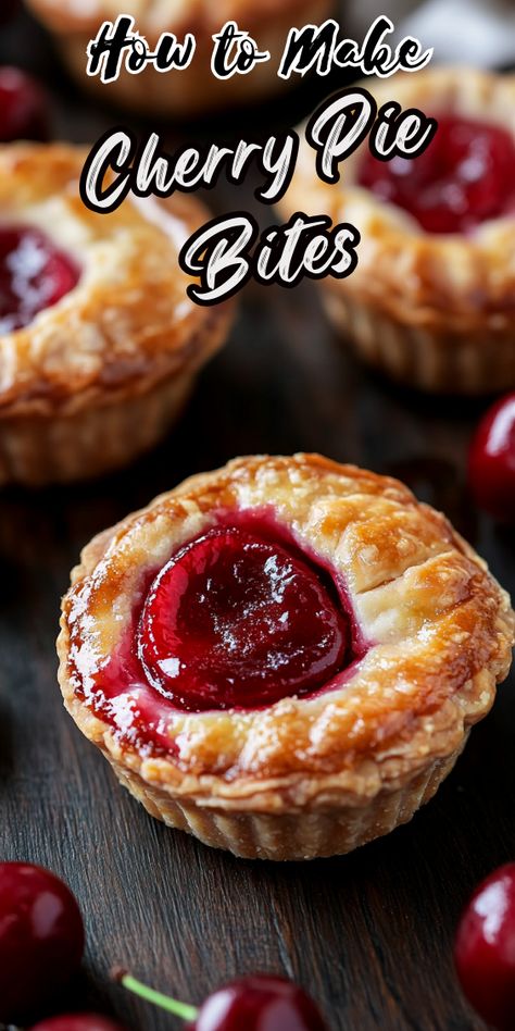 Cherry Pie Bites Muffin Tin Cherry Pie, Mini Raspberry Pie, Easy Cherry Pie Bites, Small Pies Recipes, Recipes With Cherry Pie Filling, Pie Ideas Desserts, Mini Cranberry Cheesecake, Handheld Desserts, Cherry Bites