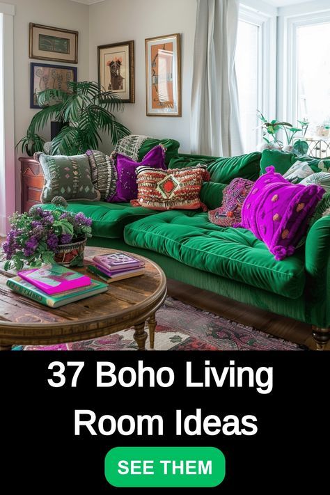 Explore a curated list of 37 inspirational Boho living room ideas to elevate your home decor. From cozy textiles to eclectic patterns, discover unique ways to incorporate the Bohemian style into your living space. Whether you're looking for bold colors or natural elements, these ideas will inspire you to create a stylish and inviting atmosphere in your home. Browse the photos for design inspiration and transform your living room into a bohemian oasis that reflects your personal style effortlessl Ecletic Decoration Living Room, Eclectic Bohemian Living Room, Colorful Boho Living Room, Living Room Hippie, Jewel Tone Living Room, Bohemian Chic Living Room, Bohemian Style Interior Design, Bohemian Decor Inspiration, Cozy Textiles