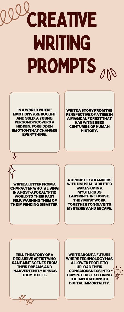 Elevate your writing skills with creative writing prompts. Dive into a world of imagination, guided by these engaging prompts, and craft compelling stories. Ignite your passion for books and writing as you embark on a journey of self-expression and creativity. #WritingPrompts #CreativeWriting #WritingInspiration Creative Writing Prompts Journals, Topics To Write A Story About, Topics To Write A Story On, Detailed Writing Prompts, Topics For Story Writing, Creative Writing Photo Prompts, Imagine Ideas Writing Prompts, How To Creative Writing, Writing Prompts To Improve Writing
