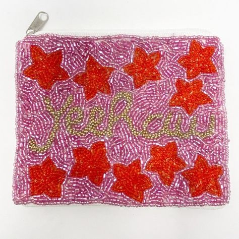 Yeehaw Beaded Coin Purse Gorgeous Hand Sewn Seed Beaded Coin Purse. Great For Cards, Lipstick, Etc. Zipper Closure. Color: White Cotton With Pink Background, Red Stars And Yeehaw In Gold Beads. Dimensions: 6" Wide X 5" Tall Louis Vuitton Clemence Wallet, Beaded Coin Purse, Leather Billfold, Tambour Embroidery, Red Stars, Vera Bradley Wallet, Coin Purse Wallet, Genuine Leather Wallets, Monogrammed Leather