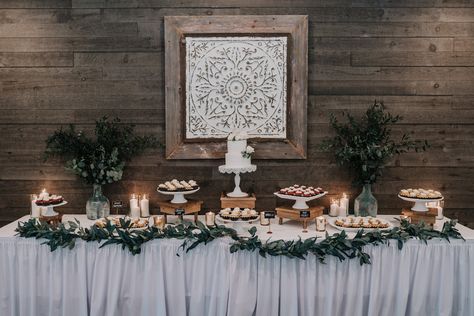 Engagement Dessert Table Set Up, Wedding Cake Table Set Up With Cupcakes, Wedding Cakes Table Ideas, Simple Wedding Dessert Table Decor, Cake Dessert Table Wedding, Cupcake Table Decor, Winter Wedding Cupcake Display, Cake And Sweets Table Wedding, Cookies And Cupcakes Wedding Display