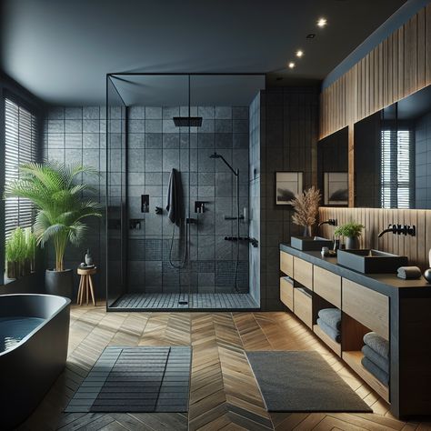 Unveil a master bathroom that merges minimalism and masculine aesthetics, using a palette of deep blues, blacks, and charcoals. This design features a stylish walk-in shower, freestanding bathtub, floating wooden cabinets, and underfoot heating. #MinimalistDesign #MasculineInteriors #MasterBathroom #ModernAesthetic #LuxuryBathroom #InteriorDesign Bathroom Interior Design Modern Master Bath Dark, Modern Mens Bathroom, Black Walk In Shower Ideas, Blue Bathtub Bathroom Ideas, Dark Interiors Bedroom, Black Master Bath, Masculine Bathroom Ideas, Black And Wood Bathroom, Men’s Dark Bathroom Ideas