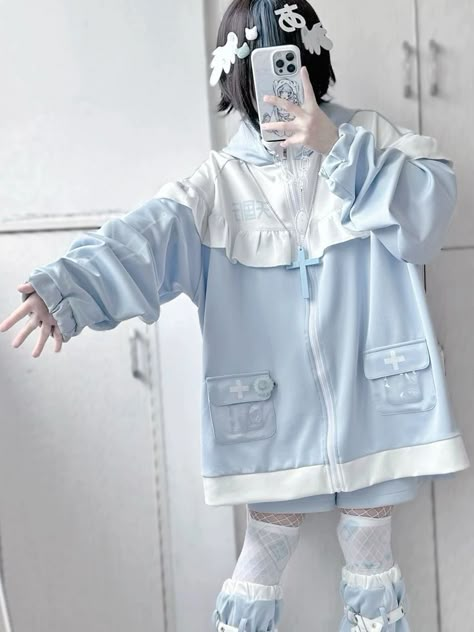 Cat Ear Hoodie, Kawaii Outfit Ideas, Light Blue Aesthetic, Aesthetic Outfit Ideas, Cat Ear, Clothes Style, Blue Outfit, Kawaii Clothes, Korean Outfits