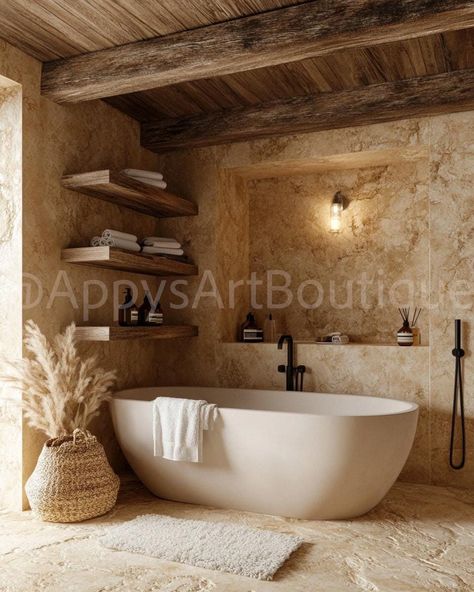 This rustic travertine marble bathroom, featuring wooden beams and shelves, combines natural elegance with timeless charm. Tropical Master Bath, Natural Colour Bathroom, Natural Stone Bathrooms, Bathroom With Natural Stone, Bathroom Interior Design Stone, Travertine And Wood Bathroom, Bathroom Italian Style, Tuscan Modern Interior Design, Bali Bathroom Interior Design