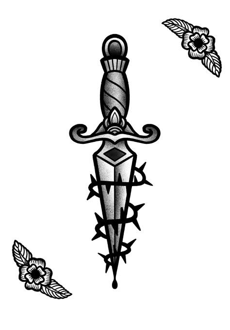 Traditional Tattoo Knife, Traditional Dagger Tattoo Design, Old School Dagger Tattoo, Dagger Traditional Tattoo, American Traditional Dagger, Bicep Tattoo Ideas, Traditional Dagger Tattoo, Traditional Tattoo Outline, Traditional Tattoo Black And White