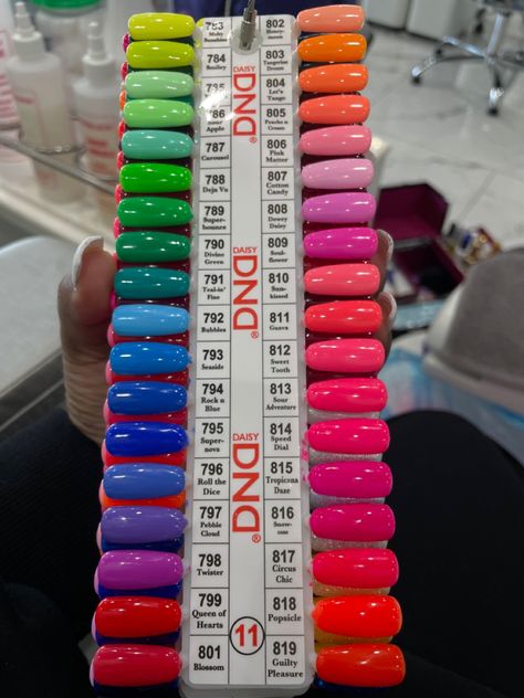 Dnd Gel Polish Colors Neon, Nail Colors By Skin Tone Range, Dnd Neon Gel Polish, Dnd Color Swatches, Dnd Dc Gel Polish Colors, Dnd Gel Polish Colors Summer, Dnd Summer Colors, Dnd Swatches, Dc Nails