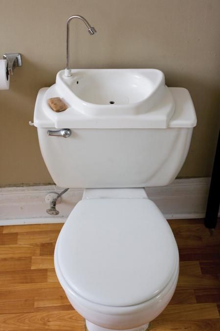 Sink Positive, a Murfreesboro-based manufacturer, makes a Japanese-inspired sink/toilet combo that conserves water. Here, the creation is displayed at The Green Wagon in East Nashville, below. Toilet Sink Combo, Sink Toilet Combo, Space Saving Toilet, Japanese Toilet, Small Toilet Room, Toilet Sink, Diy Toilet, Over Toilet, Small Toilet