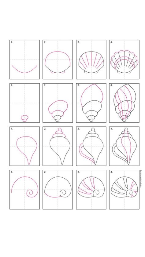 How To Draw A Shell Step By Step, Easy Seashell Drawing, How To Draw A Seashell, How To Draw Coral, How To Draw Seashells, Draw A Seashell, Shells Drawing, Watercolor Seashells, Seashell Drawing