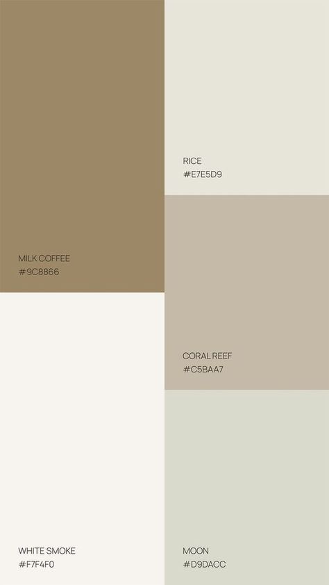 Set of nine Color Palettes of Natural tones. Muted, gender neutral colour palette for luxury brand. Milk Coffee, White Smoke, Rice, Colar Reef, Moon | A Multidisciplinary Studio that specializes in Brand Identity Design and Creative Direction for Soulful fashion, beauty, wellness and lifestyle brands. #design #colorpalette #neutral #naturalcolor Oat Milk Color Aesthetic, Color Palette For Luxury Brand, Skin Care Color Palette, Natural Color Palettes, Beige Aesthetic Color Palette, Off White Color Palette, Off White Palette, Neutral Branding Color Palette, Gender Neutral Color Palette