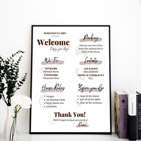 Vrbo Decorating Ideas, Air Bnb Ideas Decor, Decorate Airbnb, Airbnb House Rules, Airbnb Sign, Airbnb Signs, Vrbo Host, Airbnb Host Tips, Airbnb Welcome Sign