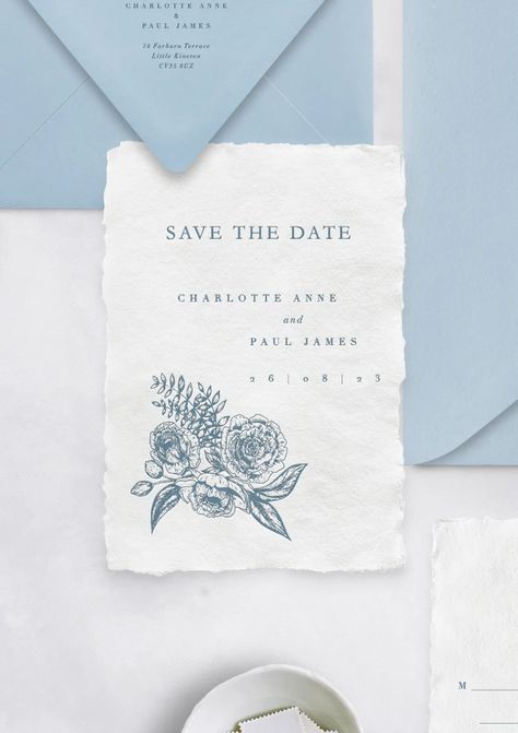 Save The Date Blue, Save The Date Ideas, Smith Wedding, Gold Save The Dates, Blue White Weddings, Letterpress Design, White Wedding Invitations, Wedding Stationery Design, Paper Wedding