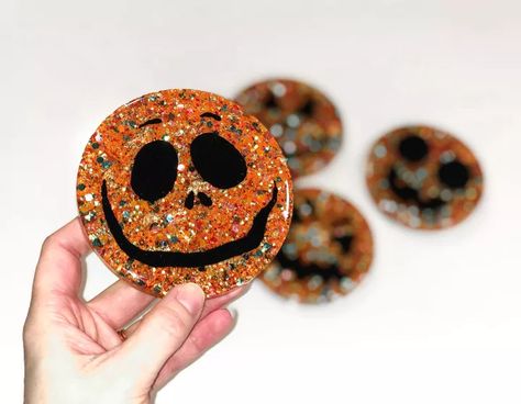 Sparkly Pumpkin Coasters | Hometalk Pumpkin Coasters, Pop Bubble, Black Acrylic Paint, Resin Coasters, Diy Resin Art, Pumpkin Faces, Halloween Fall, Crafty Projects, Craft Stick Crafts