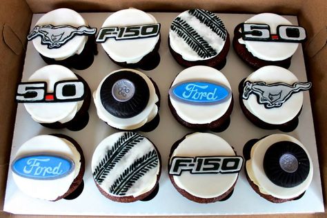 Ford mustang themed birthday cupcakes car cars racing tires 5.0 Ford Mustang Party Decorations, Ford Truck Birthday Party Ideas, Mustang Theme Party, Mustang Theme Birthday Party, Mustang Party Ideas, Ford Themed Birthday Party, Ford Birthday Party Ideas, Mustang Birthday Party Ideas, Mustang Birthday Party