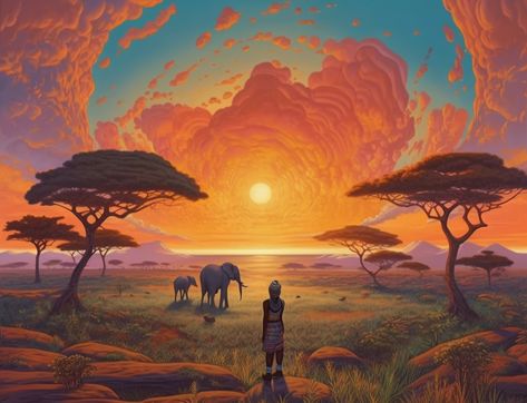 Africa Fantasy Art, African Village Fantasy Art, Fantasy Africa, Afrofuturism Landscape, African Fantasy Landscape, Africa Trees, Magical Landscape, Same Energy, South Sudan