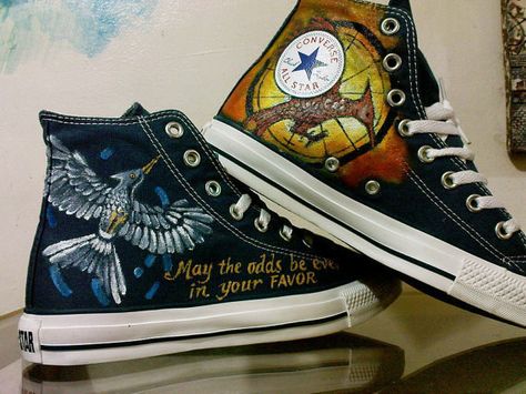 The Hunger Games | 15 Unique Customized Converse Sneaker Designs Converse Shoes High Top, Painted Converse, Painted Canvas Shoes, Custom Converse, Hand Painted Shoes, Mockingjay, Converse Sneakers, Painted Shoes, Diy Shoes