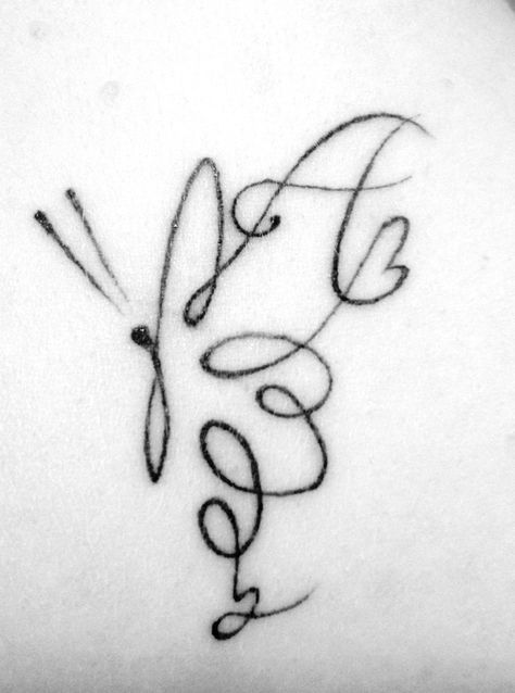 Butterfly tattoo with letter "A" - now if I could change the B to a D and have a S hanging on the bottom this would be PERFECT! Letter B Butterfly Tattoo, Butterfly Tattoo With Letters, Tattoo With Letter A, Butterfly Initial Tattoo, B Butterfly Tattoo, Hidden Initial Tattoo, Letter B Tattoo, Grandchildren Tattoos, Initial Tattoos