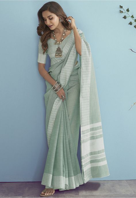 Woven Linen Saree in Dusty Green : SBHA1188 Salwar Dress, Utsav Fashion, Linen Saree, Stylish Sarees, Blouse Pattern, Blouse Fabric, Handloom Saree, Pure Linen, Saree Collection