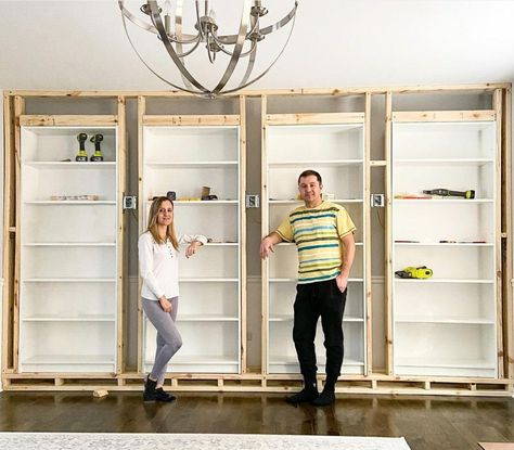 Ikea Billy Bookcase Hack With Doors, Library With Ikea Bookshelves, 3 Bookcases Together, Open Nook Ideas, Ikea Billy Bookcase Hack Book Shelves, Diy Bookshelf Wall Built Ins Ikea Billy, Painting Target Bookshelves, Ikea Built In Billy Bookcase, Ikea Billy Bookshelf Hack