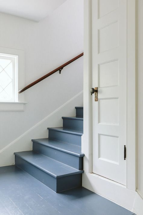 Blue Painted Stairs With Runner, Painted And Stained Stairs, Navy Painted Stairs, Blue Painted Staircase, Dark Blue Staircase, Blue Stairs Painted, Dark Blue Stairs, White House Blue Trim, Blue Painted Floor