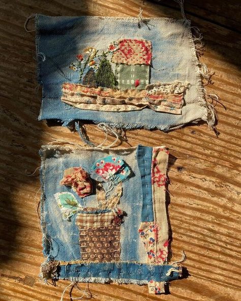 Slow Stitch Christmas Ornaments, Scrap Quilting Ideas, Fabric Collage Ideas, Fabric Art Collage, Recycled Fabric Art, Fabric Art Tutorials, Sewing With Scraps, House Wren, Cloth Patches