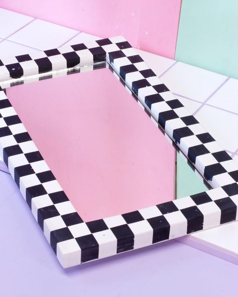 @_salt.studios shared a photo on Instagram: “My biggest mirror yet 💘 my checkered mirrors measure 50 x 30 cm ✨ ⠀⠀⠀⠀⠀⠀⠀⠀⠀ I’m hoping to get these ready to launch at the end of this…” • Feb 16, 2021 at 7:25pm UTC Mirror Painting Square, Checkered Decor Aesthetic, Rectangle Mirror Painting Ideas Aesthetic, Mirror Frame Decor, Mirror Frames Ideas, Retro Mirror Wall, Rectangle Mirror Wall Decor, Checkered Mirror Frame, Checkered Mirror