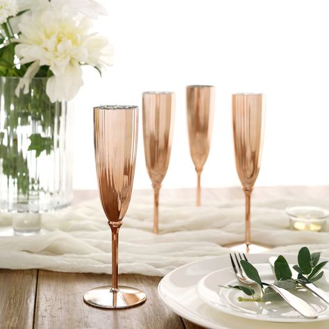 6 Pack | 5oz Premium Metallic Disposable Champagne Flutes - Rose Gold | Blush Plastic Kitchenware, Disposable Champagne Flutes, Plastic Champagne Glasses, Gold Champagne Flutes, Classy Glasses, Plastic Champagne Flutes, Chevron Wedding, Cherry Blossom Wedding, Plastic Glasses