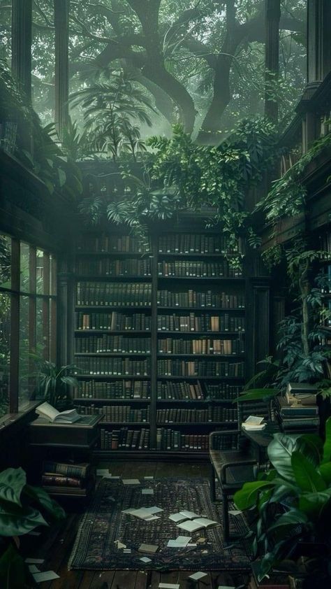 Forest Aesthetic Room Decor, Green Academia Aesthetic Wallpaper, Green Castle Aesthetic, Green Academia Wallpaper, Dark Academia Green Aesthetic, Dark Green Academia Aesthetic, Overgrown Library, Library Forest, Overgrown Forest