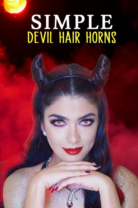 Devil horns hairstyle, perfect for halloween and simple to make! Learn more about quick hairstyles   #halloween #costume #2019 #devil #party #costume #beauty #hairstyles #spooky #red #ghosts # scary Hair Horns Tutorial, Devil Hairstyles Halloween, Womens Demon Costume, Devil Hairstyles, Diy Devil Costume Women, Scary Devil Makeup, Devil Costume Diy, Horn Hairstyle, Horns Hairstyle