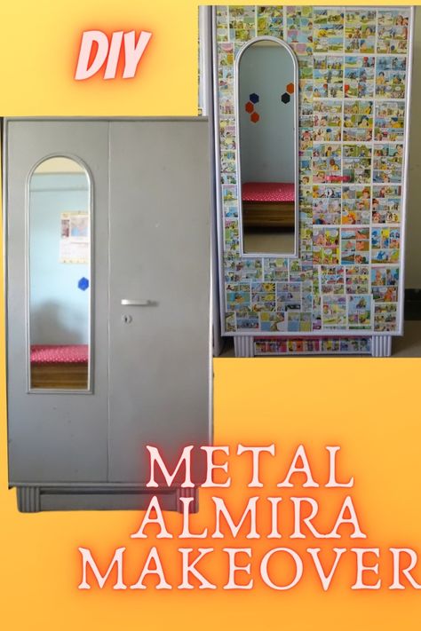 Metal Cupboard Makeover, Metal Almirah Makeover, Almirah Decoration Ideas Diy, Godrej Almirah Makeover, Budget Kids Room, Steel Almirah Makeover, Godrej Almirah Design, Steel Almirah Painting Ideas, Iron Almirah Painting Ideas