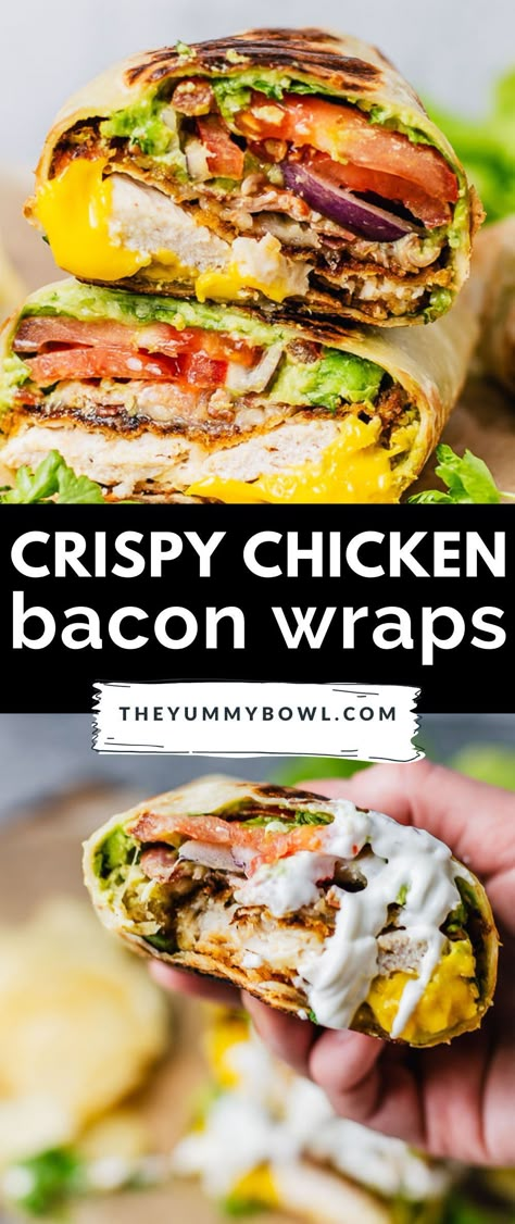 Crispy Chicken Wrap recipe is loaded with crunchy lettuce, vegetables, breaded chicken, crispy bacon, and avocado crema. A super tasty tortilla wrap recipe for your snack, meal prep, or a healthy lunch. Pan Fried Breaded Chicken, Tortilla Wrap Recipe, Extra Crispy Chicken, Snack Meal Prep, Bacon Wraps, Fried Breaded Chicken, Chicken Wrap Recipe, Crispy Chicken Wraps, Chicken Blt