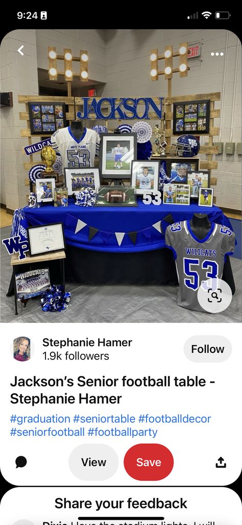 Football Opening Day Ideas, Senior Sports Table Ideas, Senior Table Display Sports, Softball Senior Table Ideas, College Signing Day Table Ideas Baseball, Baseball Senior Table Ideas, Volleyball Senior Night Table Ideas, Graduation Sports Display, Senior Football Table Ideas