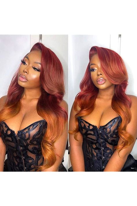 Blonde With Red Highlights, Ginger Ombre, Wigs Styles, Frontal Wig Body Wave, Ombre Lace Front, Real Hair Wigs, Red To Blonde, Medium Long Hair, Ombre Wigs