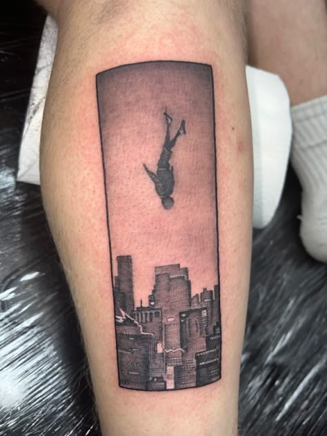 Miles Morales Leap Of Faith Tattoo, Mile Morales Tattoo, Leap Of Faith Tattoo Spiderman, Its A Leap Of Faith Spiderman Tattoo, Spiderman Miles Morales Tattoo Ideas, Miles Morales Spiderman Tattoo, Into The Spider Verse Tattoo, Nerdy Tattoos For Men, Leap Of Faith Tattoo