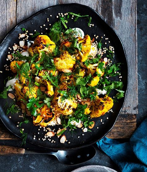 Make this hearty salad as a vegetarian main, or a reliable side. You'll impress your guests with the deep and nutty flavour of the roasted cauliflower. Coriander Pesto, Salad With Yogurt Dressing, Turmeric Cauliflower, Garlic Yogurt, Roasted Cauliflower Salad, Healthy Winter Meals, Yoghurt Dressing, Gourmet Salad, Yogurt Dressing