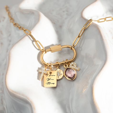 Custom Charm Necklaces, Gold Carabiner Charm Lock Necklace, Mother's Day Gift for Mom Jewelry New Mom Grandma Gift - Etsy Custom Engraved Necklace, Personalized Charm Necklace, Custom Charm Necklaces, Lock Necklace, Mixed Metal Jewelry, Custom Charms, Zodiac Gifts, Best Gifts For Her, Gold Charm Necklace