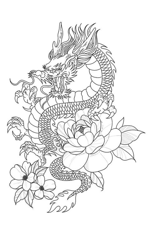 Big Tattoo Stencils For Women, Dragon With Flowers Tattoo For Women, Thigh Stencil Tattoo, Easy Thigh Tattoos Stencil, Back Tattoo Women Stencil, Thigh Tattoos Women Outline, Badass Thigh Tattoos For Women, Thigh Tattoo Stencils For Women, Half A Sleeve Tattoo For Women