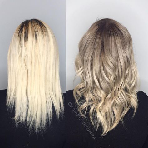 A perfect solution for an over processed blonde looking for a change! A reverse ombre. Melting down dark tones to blend into the already light ends. #ombre #balayage #platinumhair #color #haircolor #reverseombre #blonde #hair Reverse Balayage Before And After Blonde, Toning Down Blonde Hair, Dark Toner For Blonde Hair, Reverse Balayage Blonde, Reverse Balayage Before And After, Reverse Balayage Blonde To Brown, Grown Out Blonde Hair, Reverse Ombre Hair, Toner For Blonde Hair