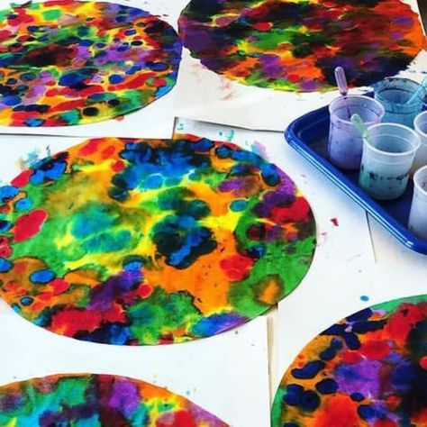 Lauralee Chambers🌀 on Instagram: "This is a favorite past dot day listening game using GIANT @roylco diffusing paper circles, liquid watercolor, and pipettes. 4 kids work together on one, listening carefully to what color to choose, how many drops, and where to squeeze it. Super fun beautiful results! 2nd grade. Just have to know when to stop😁 I love hanging them in the sunlight! #dotday #roylco #artfun #septemberart #artprocess #processartforkids" Dot Day Door Decoration, Listening Games, September Art, Steam Art, Dot Day, Liquid Watercolor, Working With Children, 4 Kids, Process Art