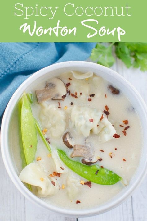 Spicy Coconut Wonton Soup - delicious 15 minute soup! Spicy coconut broth with wontons, mushrooms, and snow peas! Coconut Broth, Soup Spicy, Fake Ginger, Soup With Coconut Milk, Wonton Soup Recipe, Quick And Easy Soup, Best Soup Recipes, Delicious Soup Recipes, Wontons