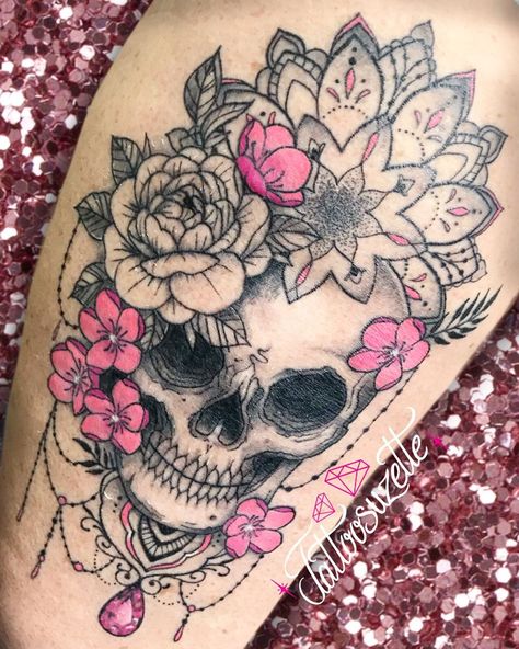 Forearm Skull Tattoo Women, Shoulder Skull Tattoos For Women, Feminine Skull Tattoo Sleeve, Skull And Flower Tattoo, Girly Skull Tattoos, Skull Thigh Tattoos, Candy Skull Tattoo, Girly Skull, Skull Tattoo Flowers