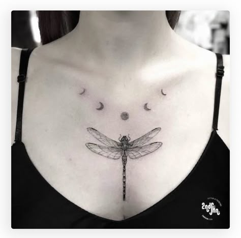 Dragonfly Tattoo On Chest, Moon Phases Chest Tattoo, Dragon Fly Neck Tattoo, Moon Phase Chest Tattoo, Moon Phases Tattoo Chest, Dragonfly Chest Tattoo Female, Dragon Fly Chest Tattoo, Dragonfly Moon Tattoo, Dragonfly Tattoo Chest