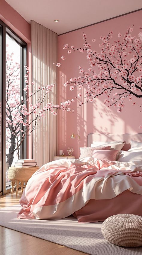 Pink Bedroom Ideas Cherry Blossom Bedroom Aesthetic, Cherry Blossom Bedroom Ideas, Sakura Bedroom, Cream And Pink Bedroom, Sakura Decor, Chill Room Decor, Cherry Blossom Room, Cherry Blossom Bedroom, Chinese Bedroom